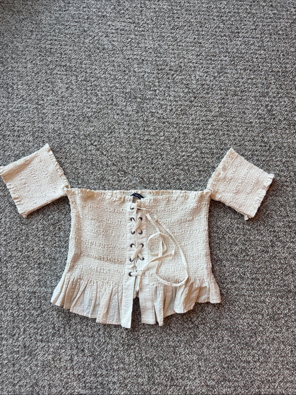 Zara Cream Off-Shoulder Lace-Up Crop Top